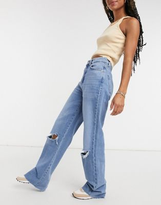 Stradivarius straight leg 90s jeans with rips in blue - ASOS Price Checker
