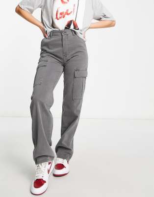 Stradivarius Straight Leg Cargo Pants In Acid Wash Gray