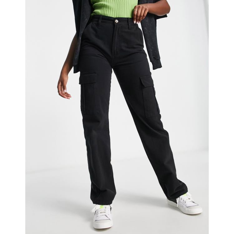 Stradivarius straight leg cargo pants in black