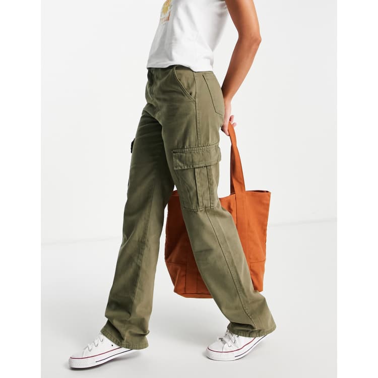 Stradivarius straight leg high waisted cargo pants in light khaki