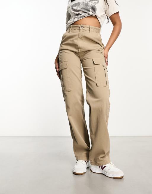 Stradivarius straight leg cargo pants in stone