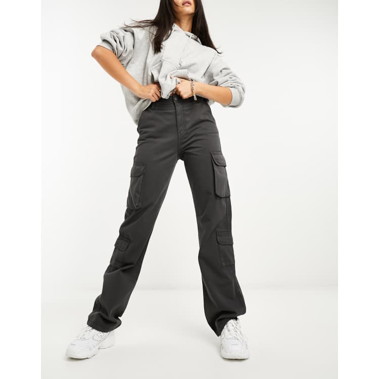 Stradivarius straight leg cargo pants with adjustable waist in charcoal