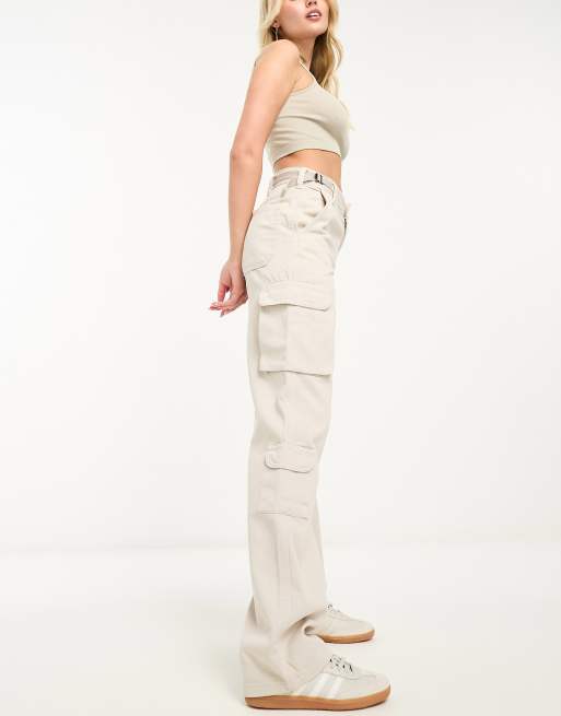 Stradivarius straight leg cargo pants with adjustable waist in stone