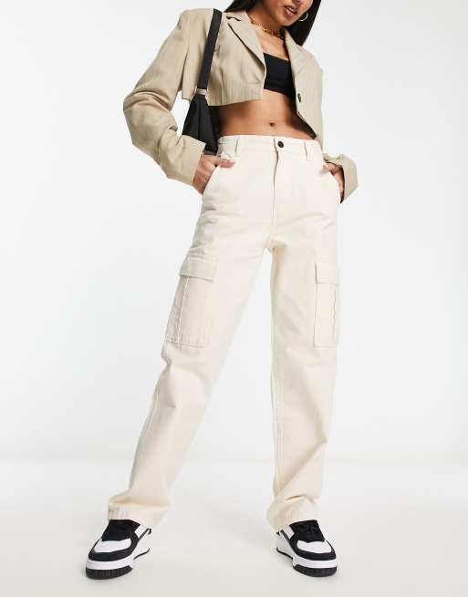 Stradivarius straight leg cargo trouser in ecru 