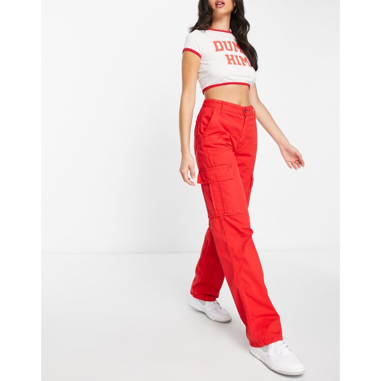 Red store cargo trousers