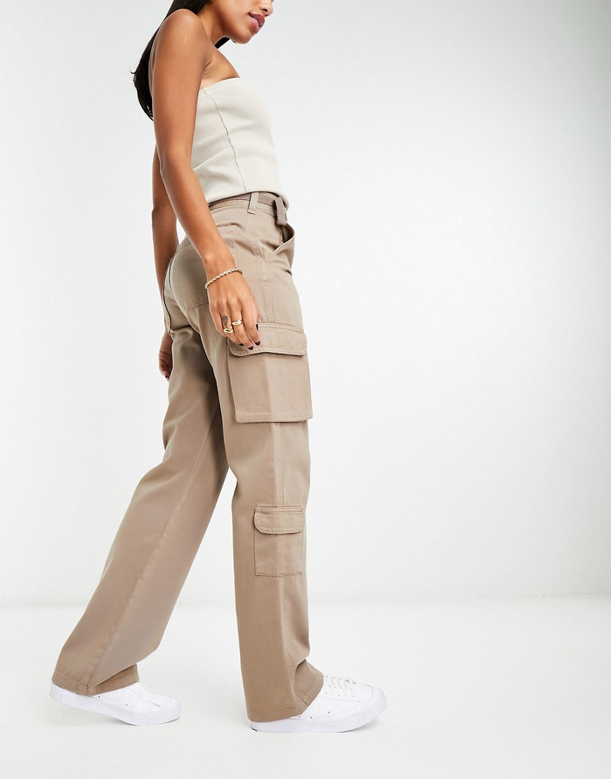 Stradivarius straight leg cargo trouser with adjustable waist in taupe-Neutral