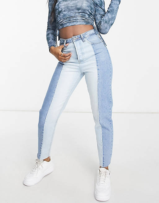  Stradivarius straight leg contrast two tone jeans with raw hem in blue 