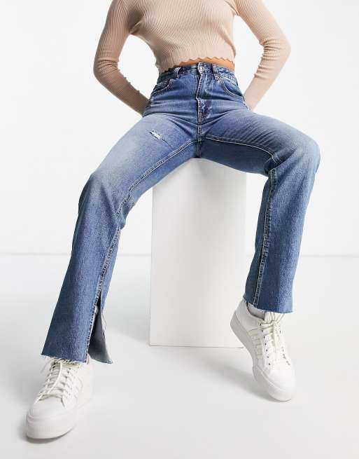 Vintage Wash Split Hem Jeans, Denim