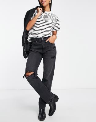 Stradivarius straight leg jeans with rip in black | ASOS