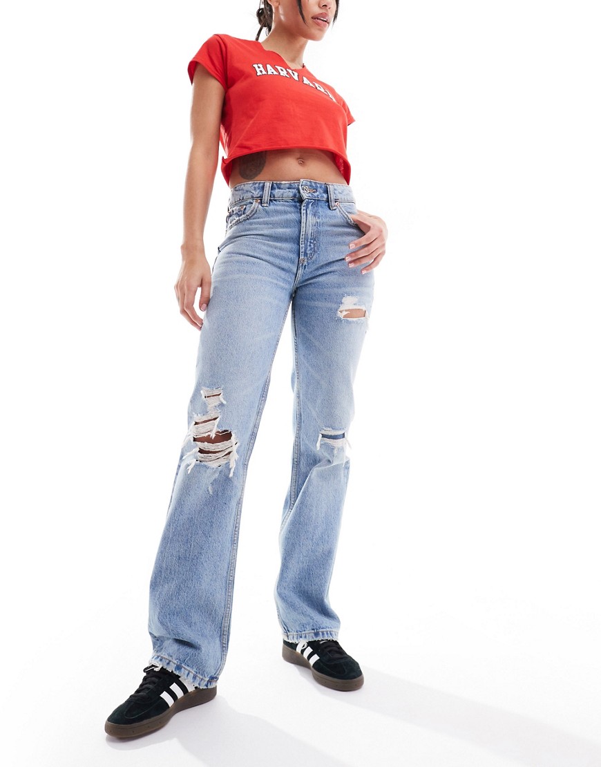 Stradivarius Straight Leg Jeans With Rips In Bleach Wash-blue