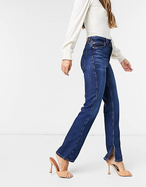 Jeans Stradivarius straight leg jeans with split hem in blue 