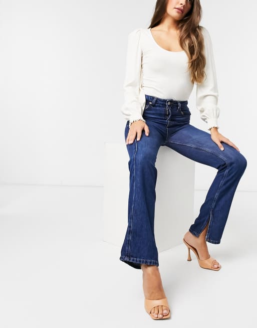 stradivarius stretch flare jean with split detail in light blue