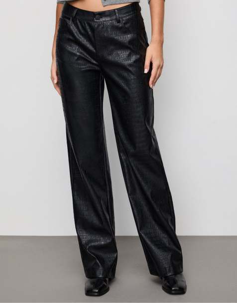 Stradivarius Straight-leg leather effect trousers with mock croc texture in black