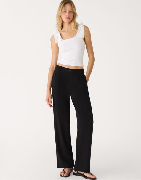 Stradivarius straight leg linen blend trousers in black