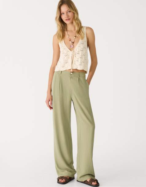 Stradivarius straight leg linen blend trousers in khaki