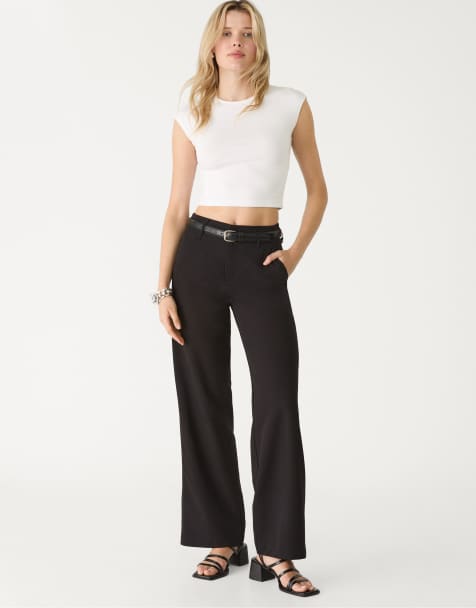 Stradivarius straight leg smart trousers with belt in black - view 1