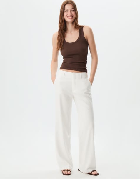 Stradivarius straight leg trousers with linen in ecru - view 1