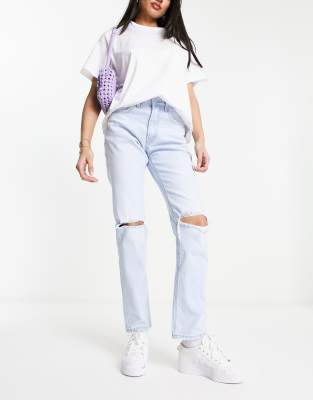 Stradivarius Straight Slim Jean With Rip In Light Blue