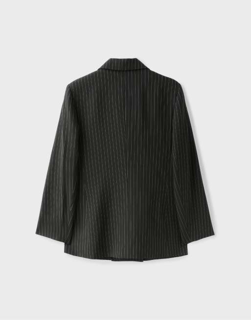 Stradivarius Straight striped button blazer in black, 7 of 7