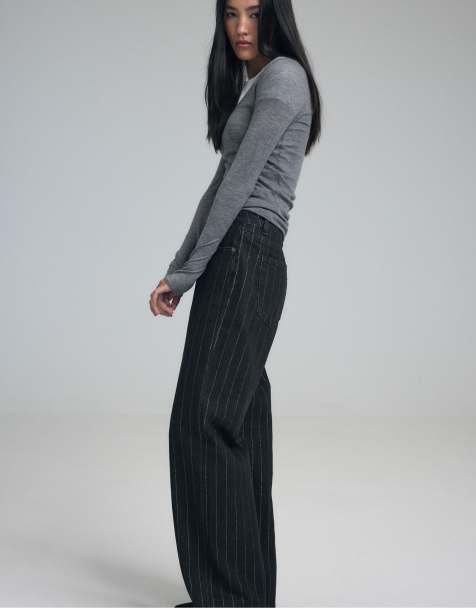Stradivarius Straight wide-leg jeans with metallic thread stripes in black denim wash - view 1