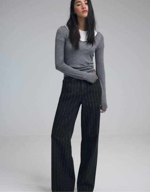 Stradivarius Straight wide-leg jeans with metallic thread stripes in black denim wash, 5 of 7