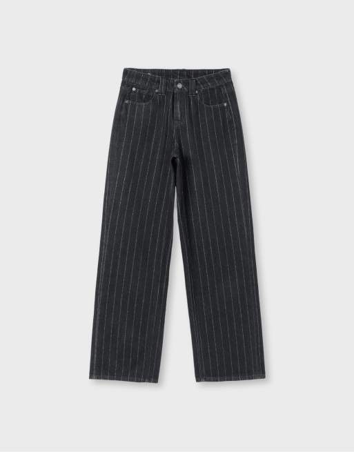 Stradivarius Straight wide-leg jeans with metallic thread stripes in black denim wash, 6 of 7