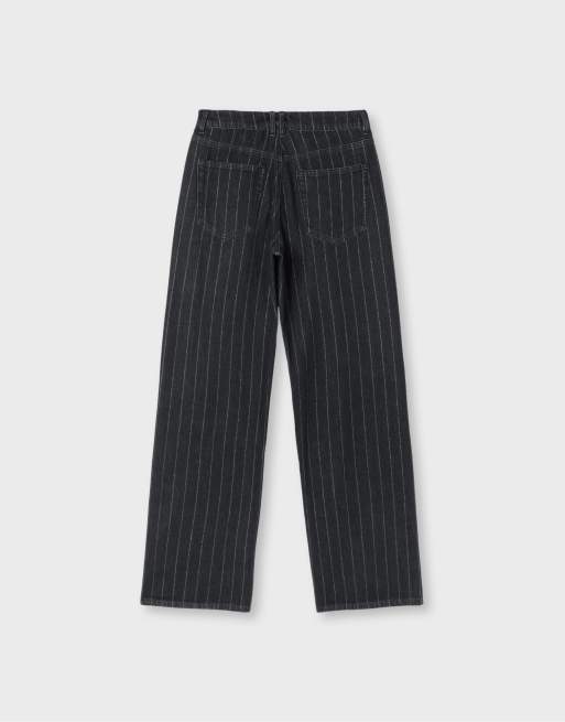 Stradivarius Straight wide-leg jeans with metallic thread stripes in black denim wash, 7 of 7