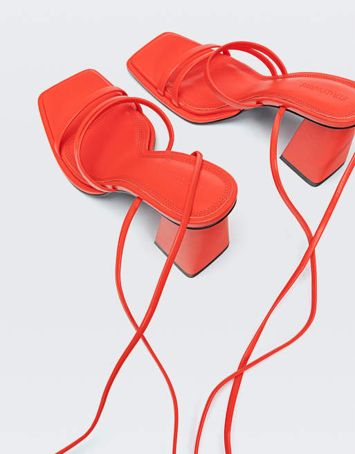 Stradivarius strappy block heel sandals in orange , 2 of 4