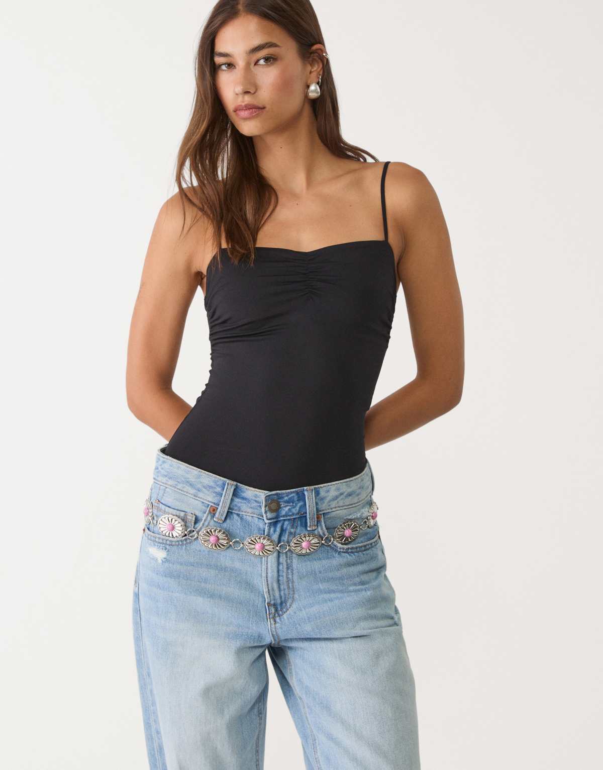 Stradivarius strappy bodysuit with gathers in black