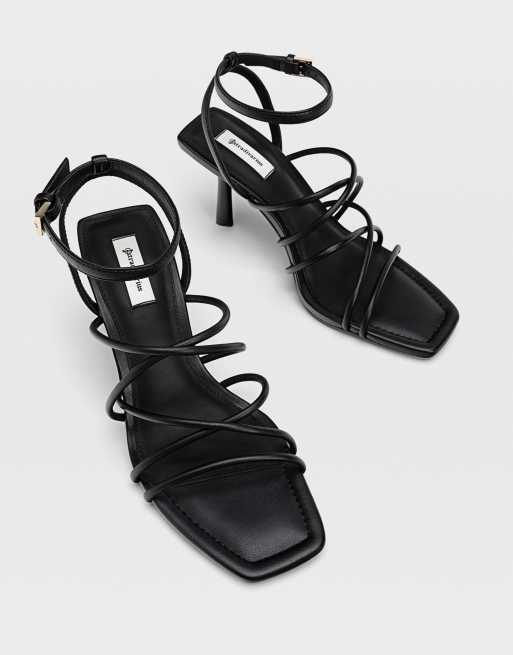 Stradivarius strappy heeled sandal with squared toe in black | ASOS