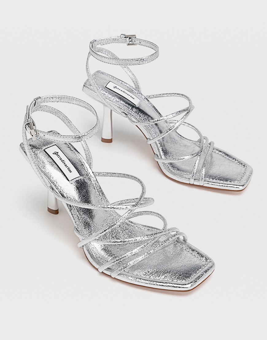 Stradivarius strappy heeled sandal with squared toe in silver