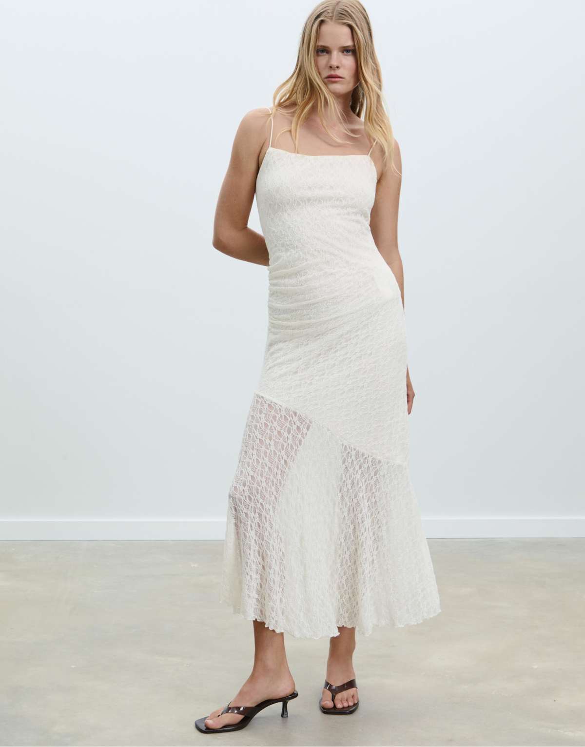Stradivarius Strappy lace maxi dress in vanilla