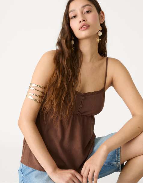 Stradivarius strappy linen blend top in brown - view 1