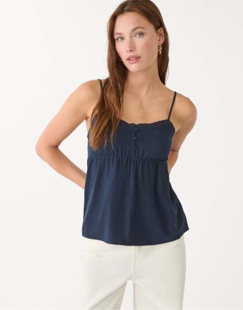 Stradivarius strappy linen blend top in navy blue - view 1