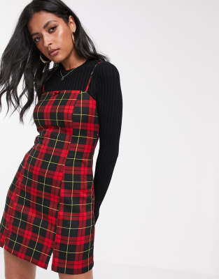 Stradivarius strappy mini dress in red check-Multi