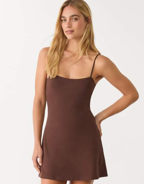 Stradivarius strappy playsuit dress in brown - view 1