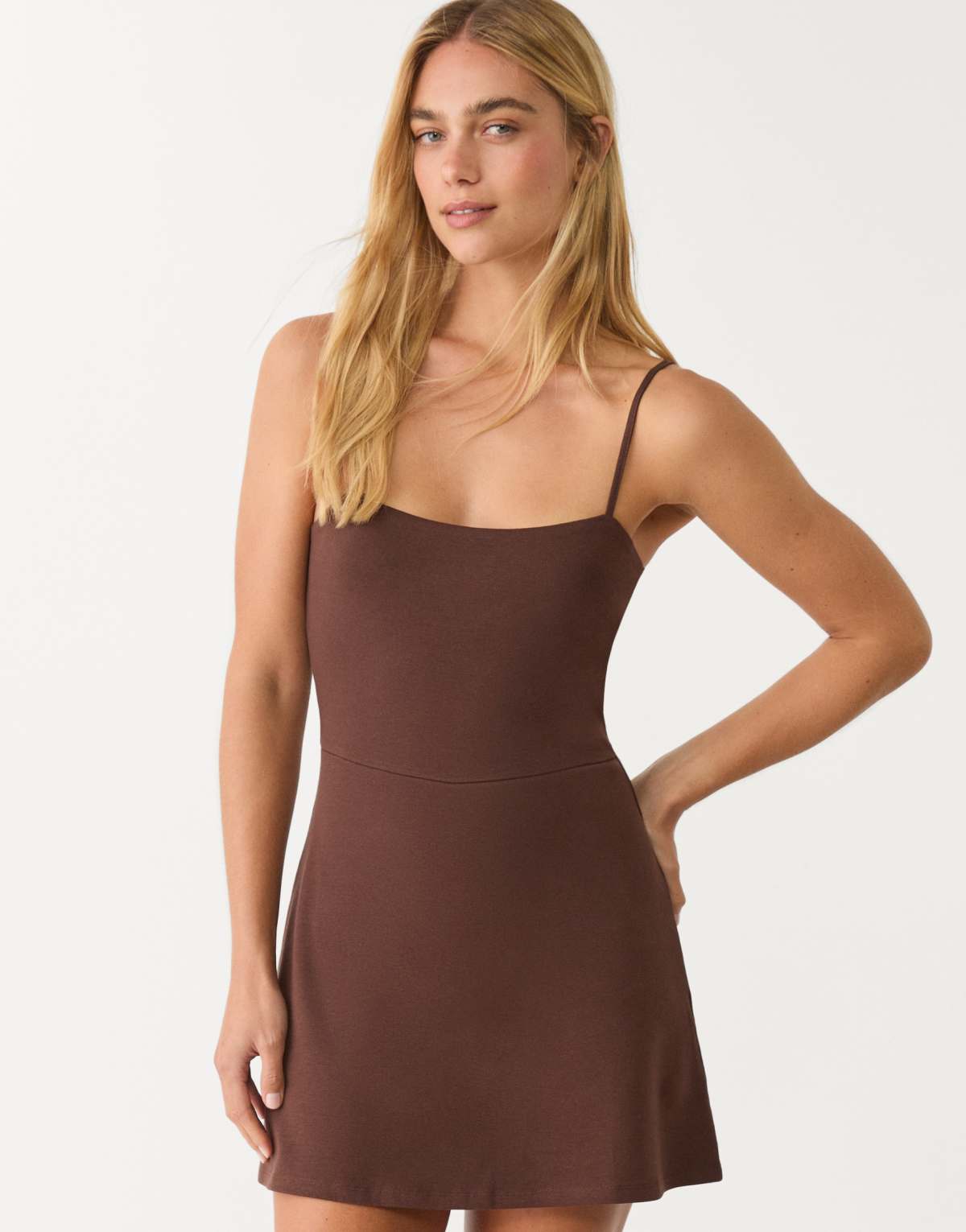Stradivarius strappy playsuit dress in brown