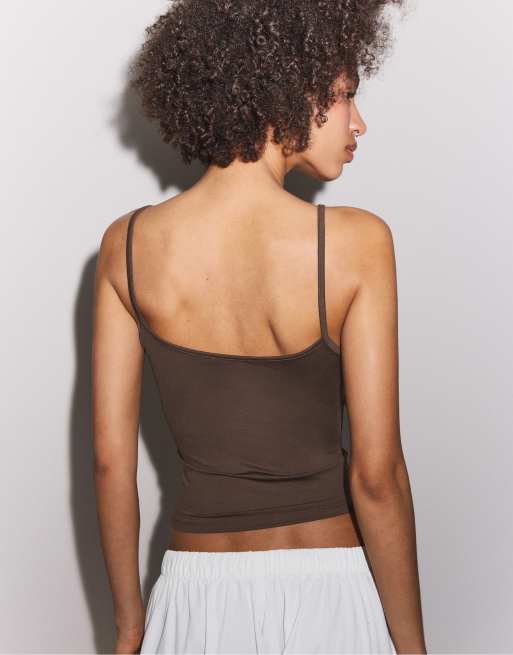 Stradivarius Strappy polyamide top in brown, 3 of 7