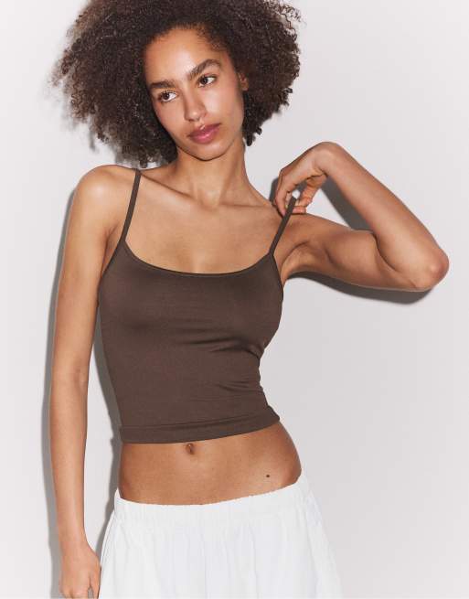 Stradivarius Strappy polyamide top in brown, 5 of 7