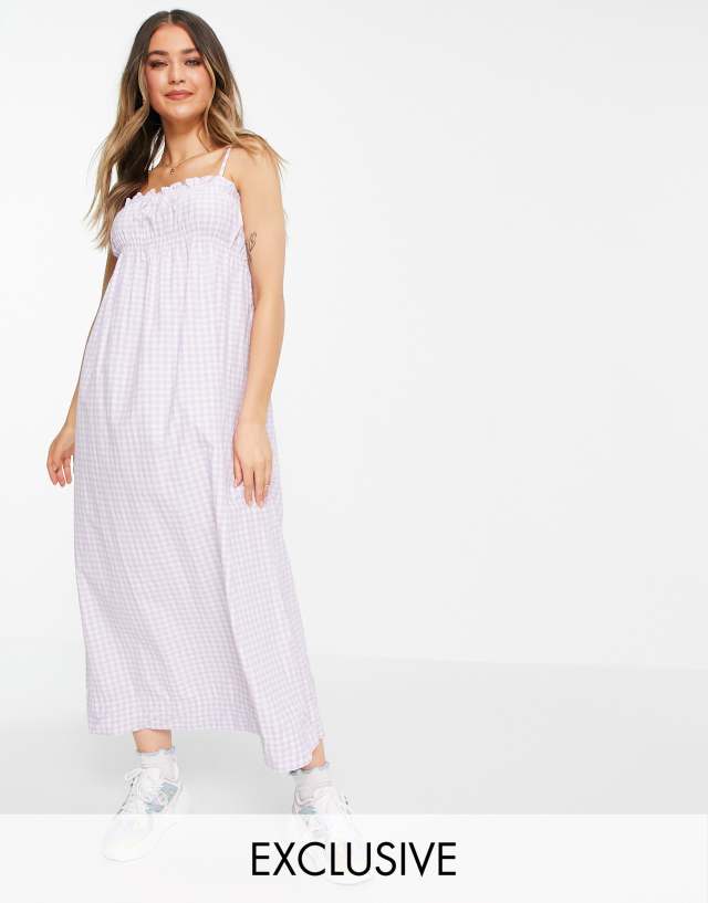 Stradivarius strappy shirred midi dress in lilac gingham