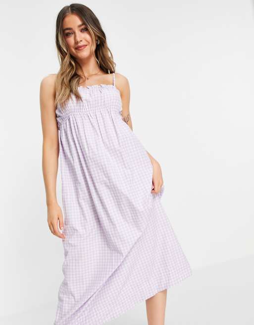 Stradivarius strappy shirred midi dress in lilac gingham