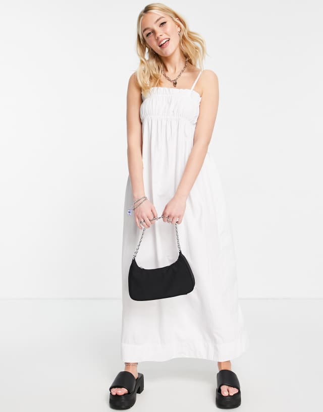 Stradivarius strappy shirred midi dress in white