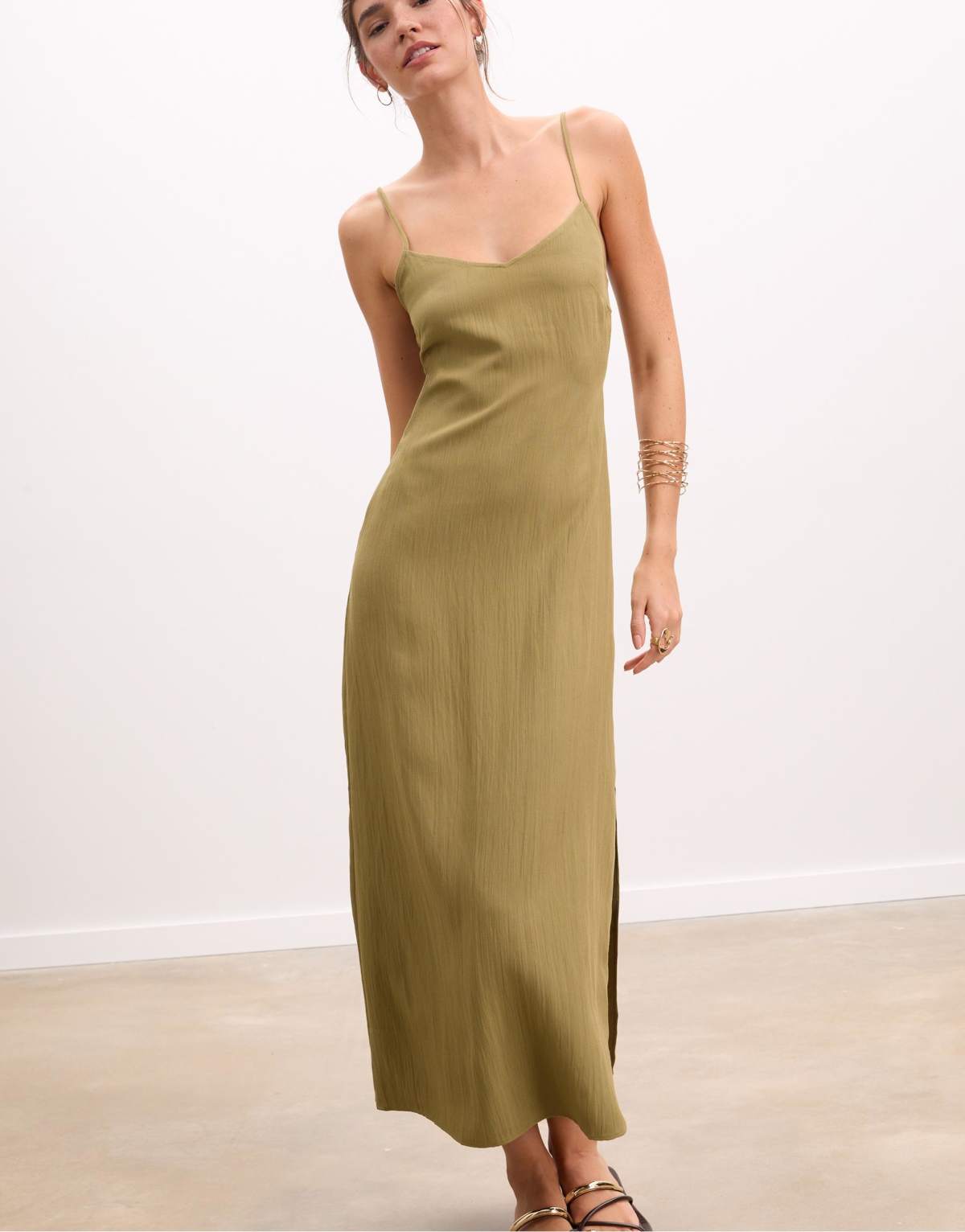 Stradivarius Strappy textured maxi dress in khaki