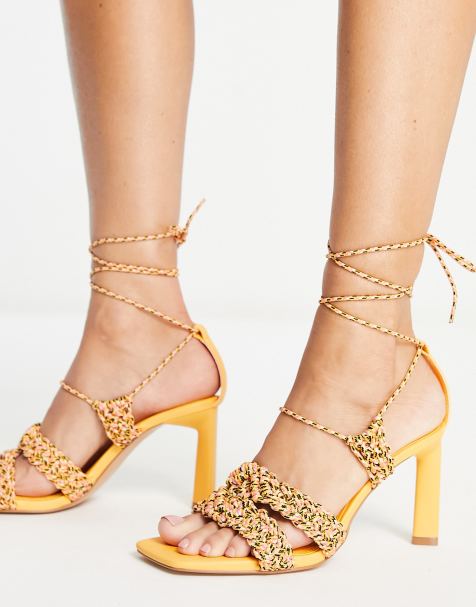 Stradivarius strappy tie leg heeled sandals in orange  - view 1