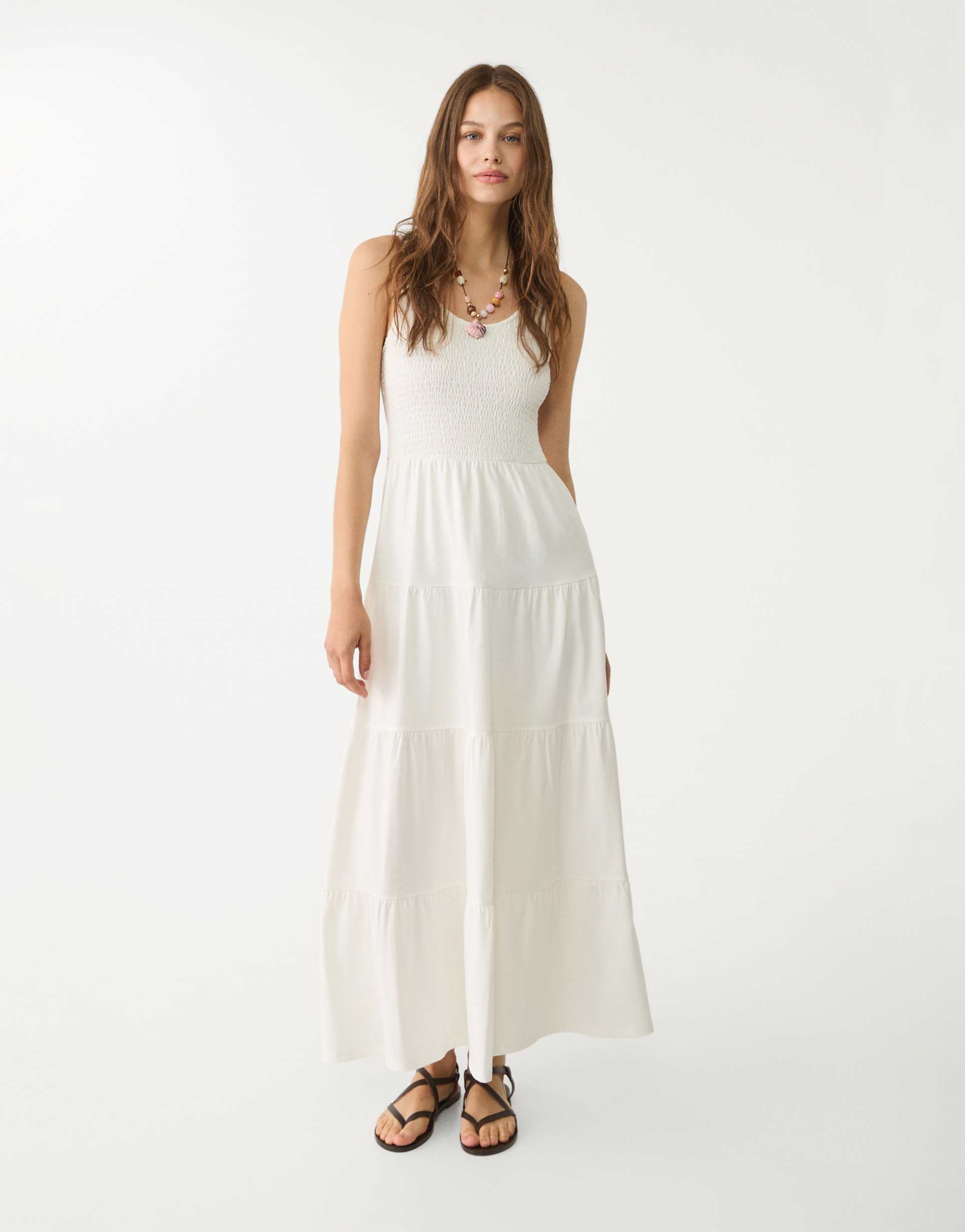 stradivarius strappy tiered maxi dress in white