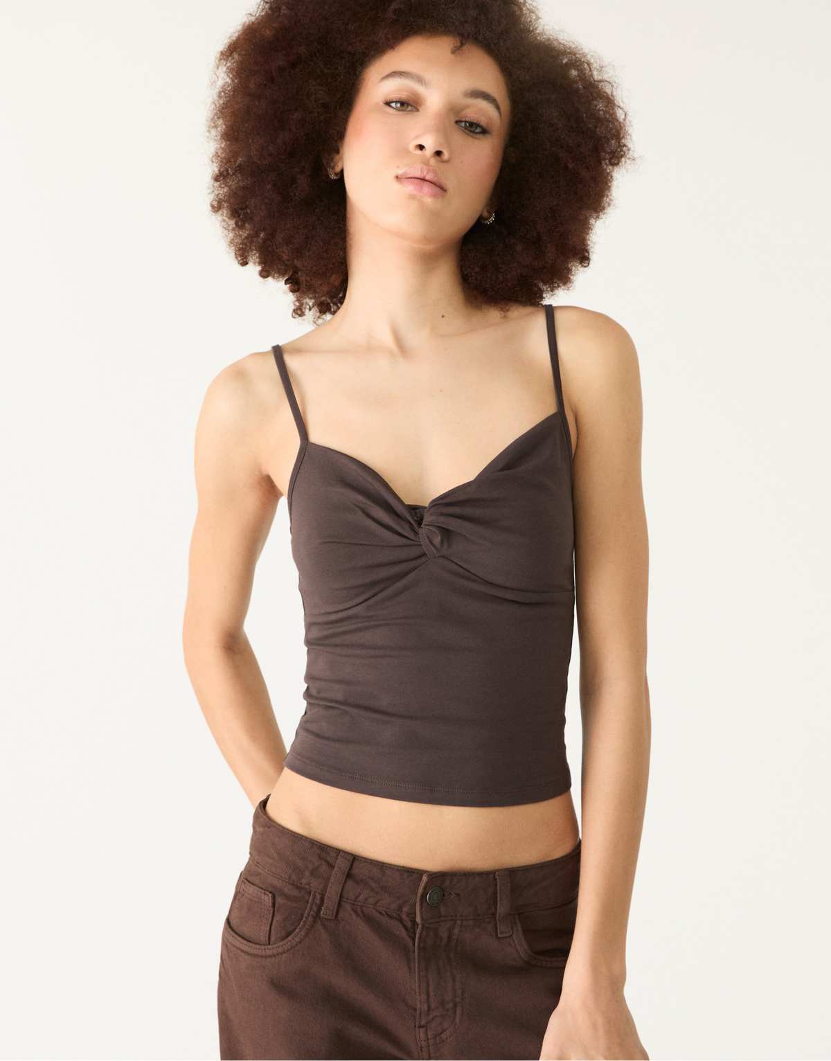 Stradivarius strappy top with knot in brown