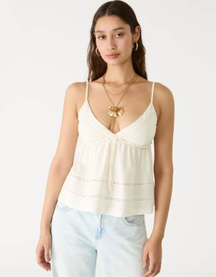 Stradivarius strappy top with lace trim in ecru-White