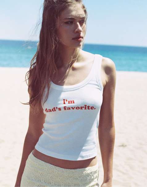 Stradivarius strappy top with slogan in ecru - view 1