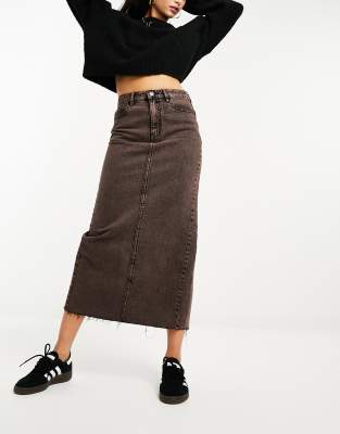 Stradivarius Stretch Denim Midi Skirt In Brown