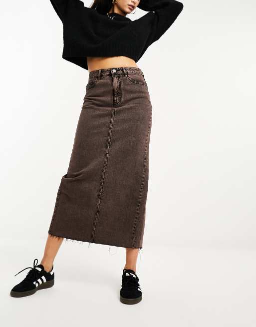 Stradivarius stretch denim midi skirt in brown | ASOS